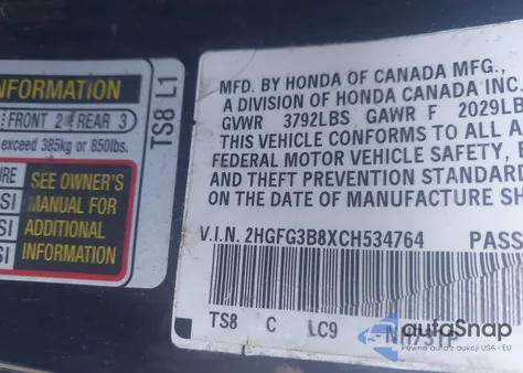 2012 Honda Civic Ex из США, поврежденный, VIN 2HGFG3B8XCH534764